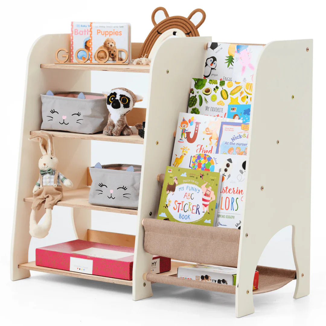Prateleiras Montessori de Madeira 2‑em‑1 para Crianças: Estante para Livros e Brinquedos